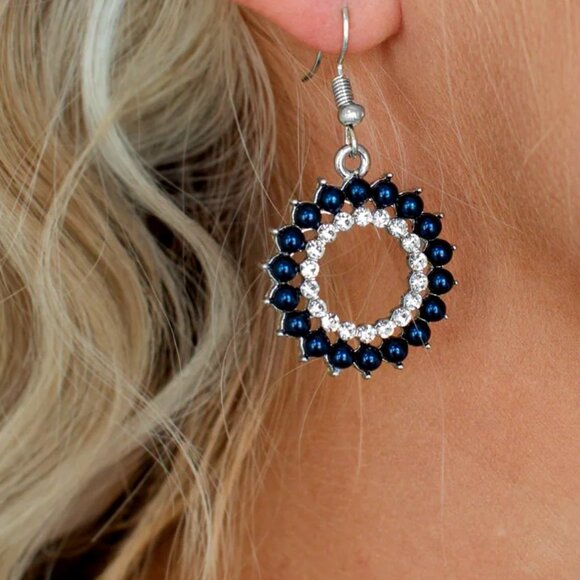 Blue Pearl & Rhinestone Hoop Earrings | Elegant Dainty Design - Picture 2 of 4